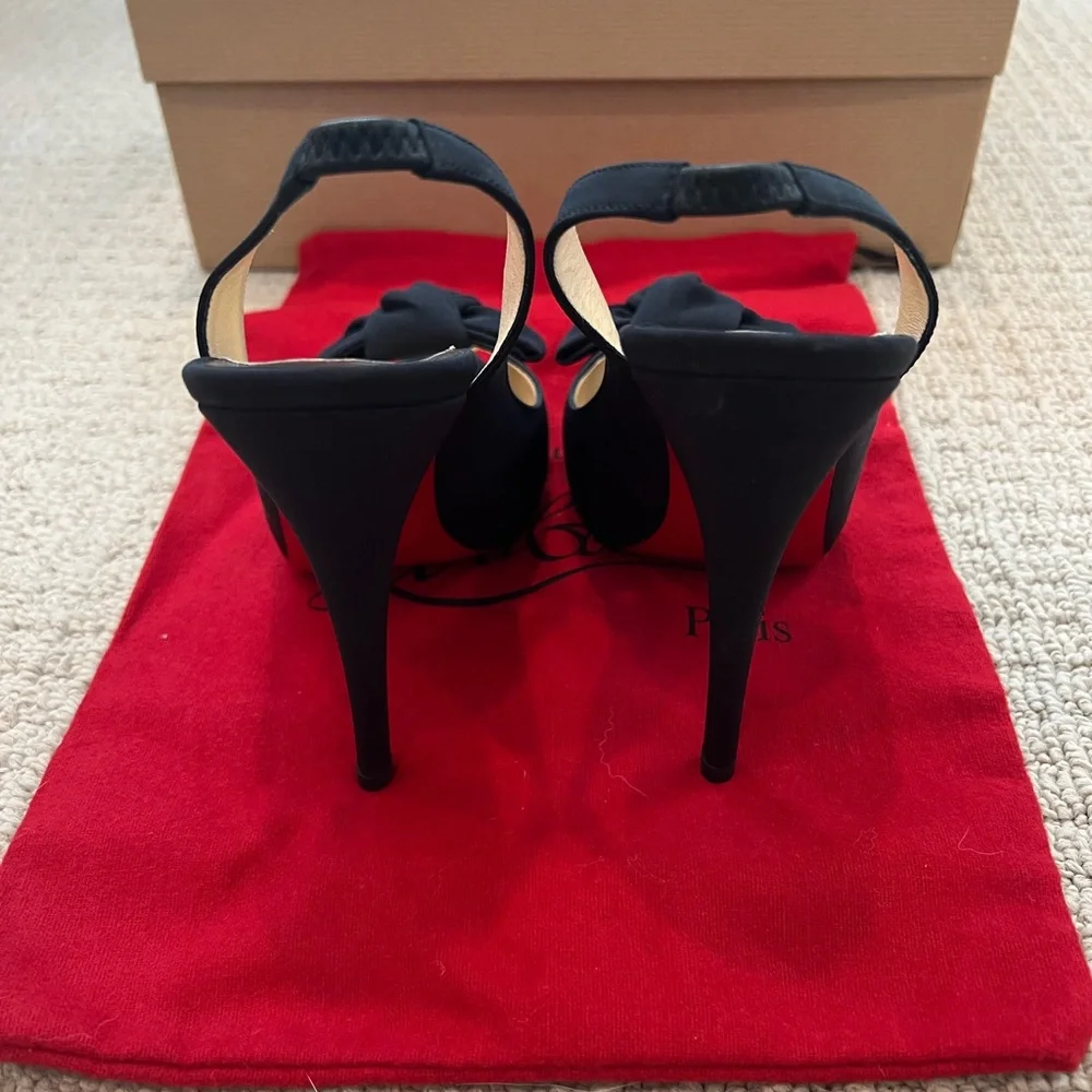 Christian Louboutin Slingback Open-toe Heels with Bows, Black and size 37.5